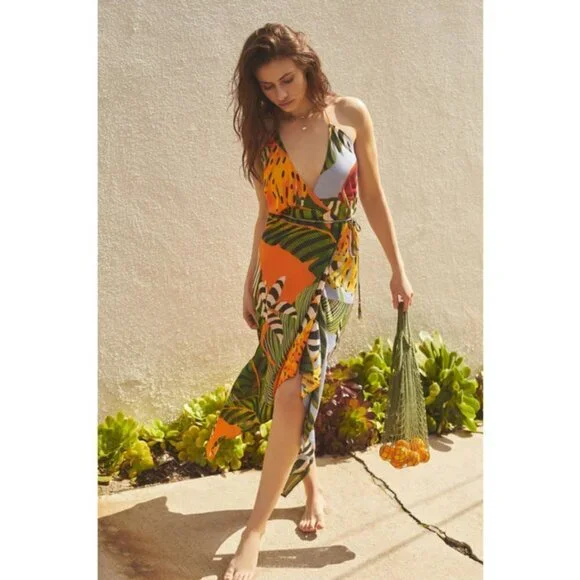 FARM RIO Striped Bananas Cover-Up Dress ~ Multi-Color Tropical Print Medium NWOT - Picture 4 of 16